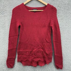 LUCKY BRAND NWT Womens Red Sweater Weave Knit Lace Accent Round Neck L/S Size XS